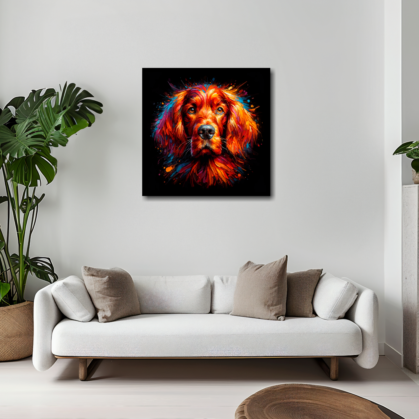 20 inch by 20 inch square canvas featuring a multi-coloured Irish Setter dog portrait. Mounted on a white wall above a white sofa with decorative pillows.