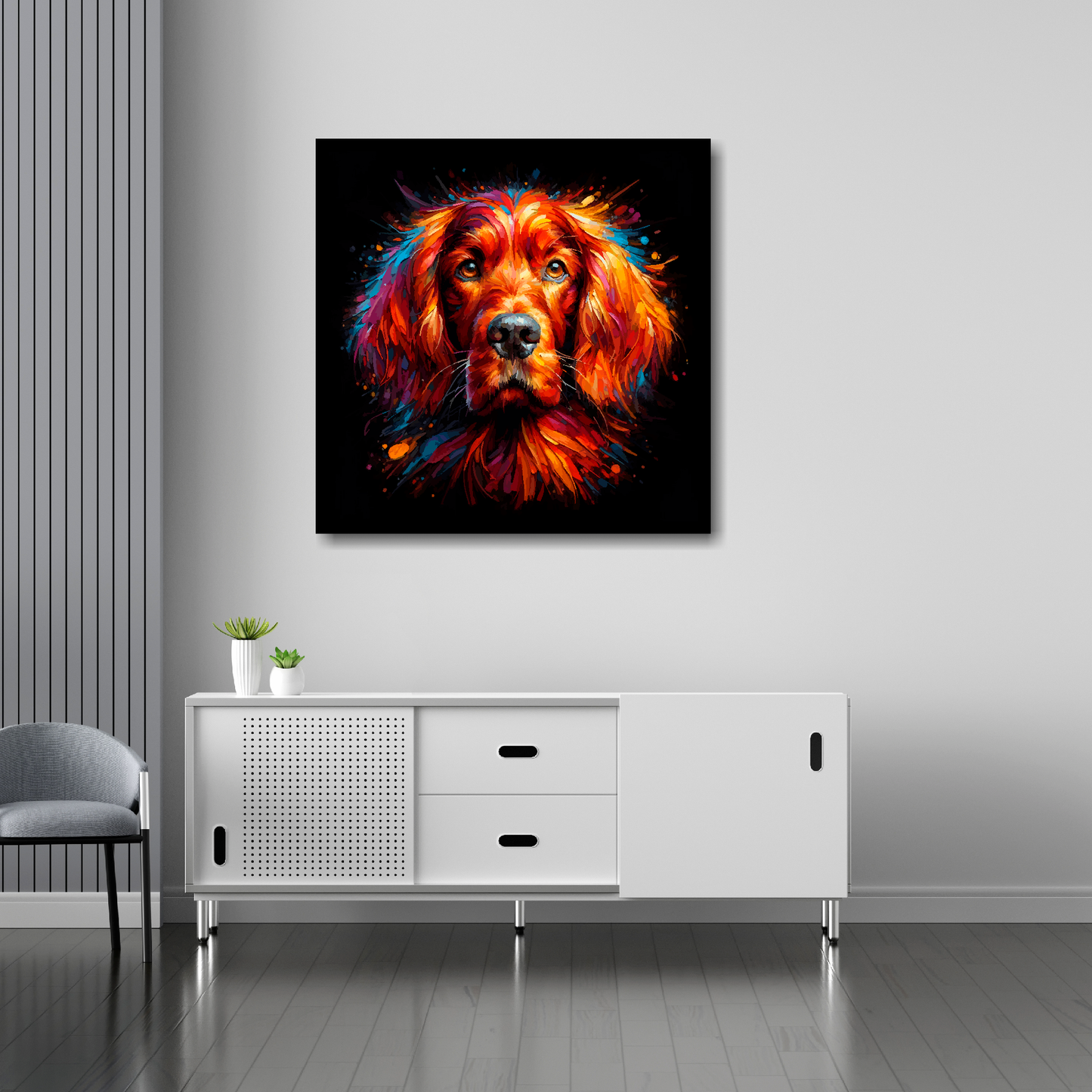 30 inch by 30 inch square canvas featuring a multi-coloured Irish Setter dog portrait. Mounted on a white wall above a white sideboard.