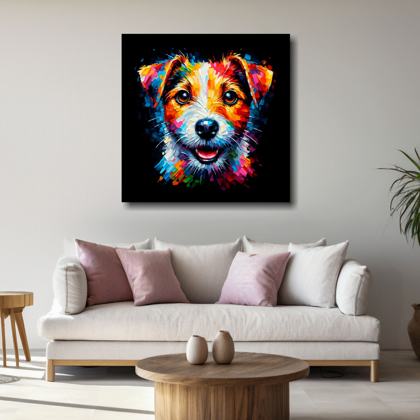 Large square canvas featuring a multi-coloured Jack Russell Terrier dog portrait. Mounted on a white wall above a white sofa with decorative pillows.