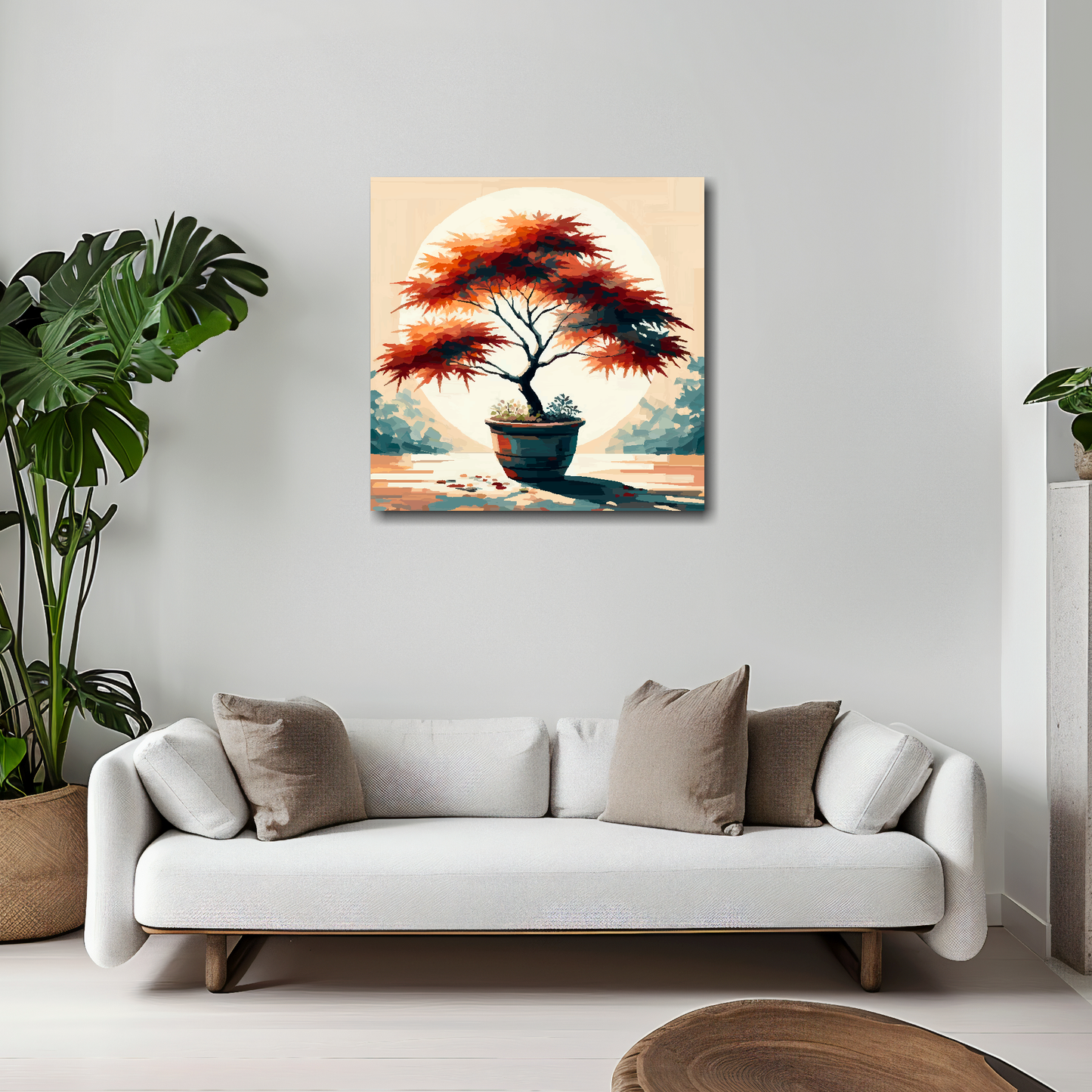 20 inch by 20 inch square canvas featuring a Japanese Maple Tree. Mounted on a white wall above a white sofa with decorative pillows.
