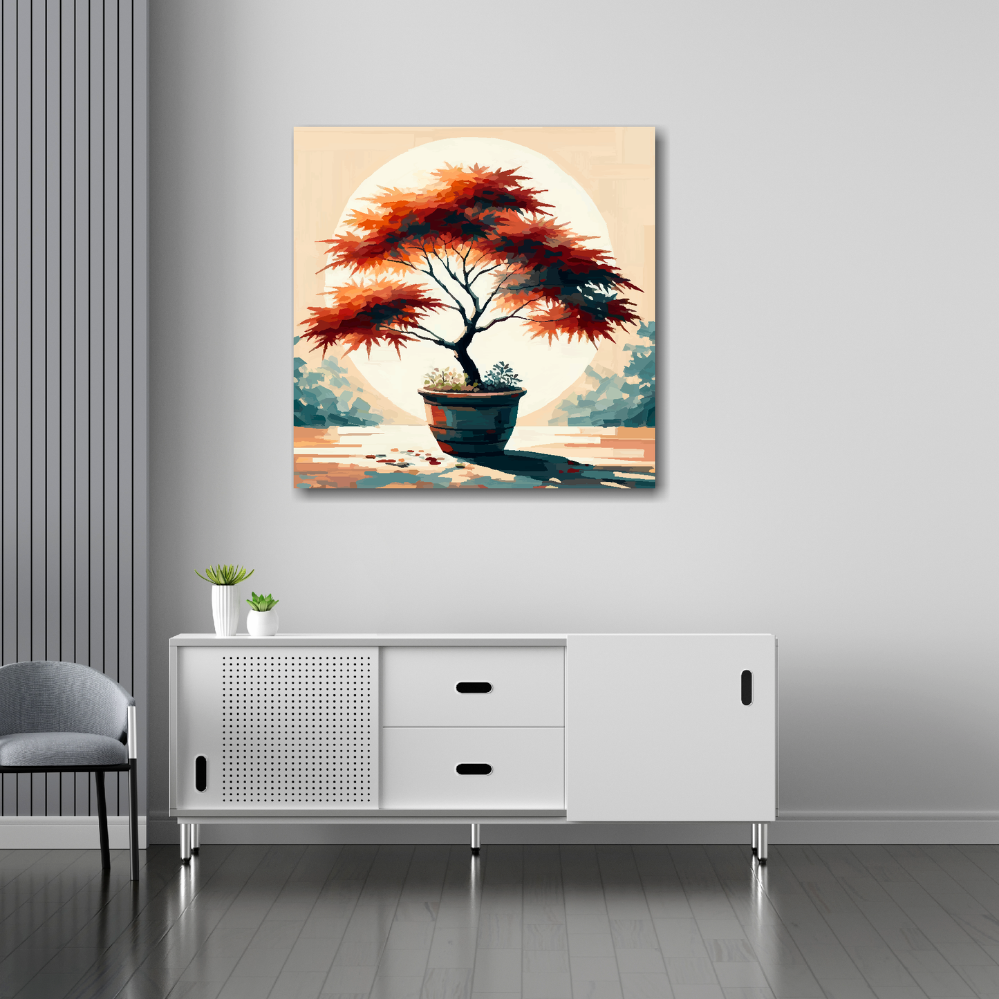 30 inch by 30 inch square canvas featuring a Japanese Maple Tree. Mounted on a white wall above a white sideboard.