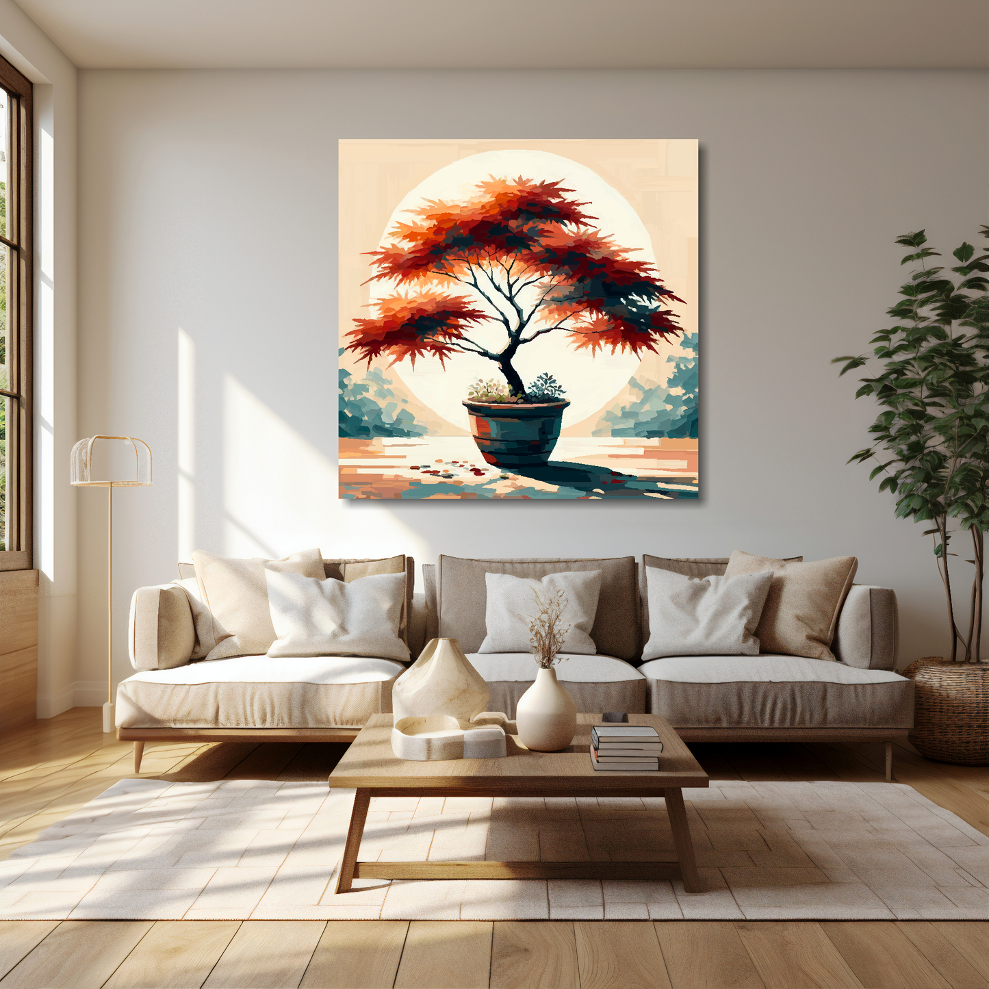 40 inch by 40 inch square canvas featuring a Japanese Maple Tree. Mounted on a cream wall above a cream sofa with decorative pillows.