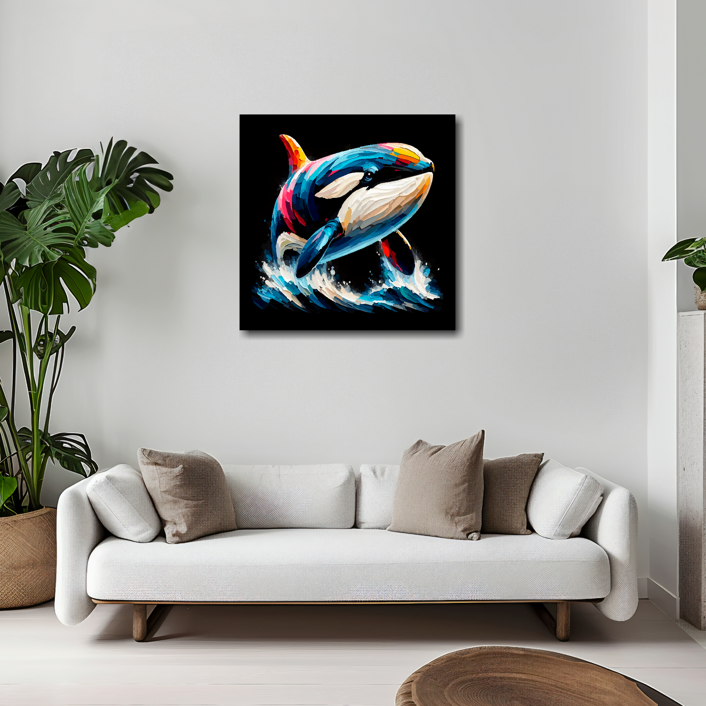 20 inch by 20 inch square canvas featuring a colouful Killer Whale portrait. Mounted on a white wall above a white sofa with decorative pillows.