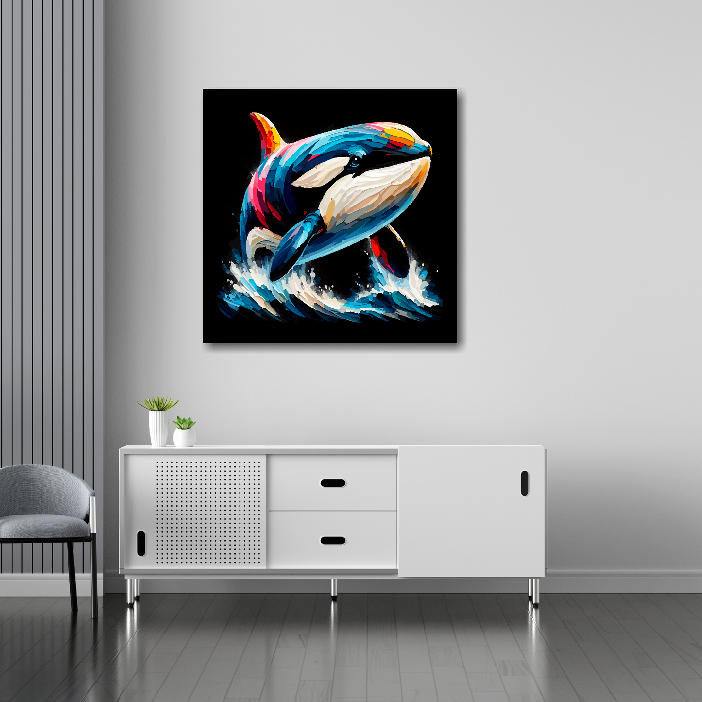 30 inch by 30 inch square canvas featuring a colouful Killer Whale portrait. Mounted on a white wall above a white sideboard.