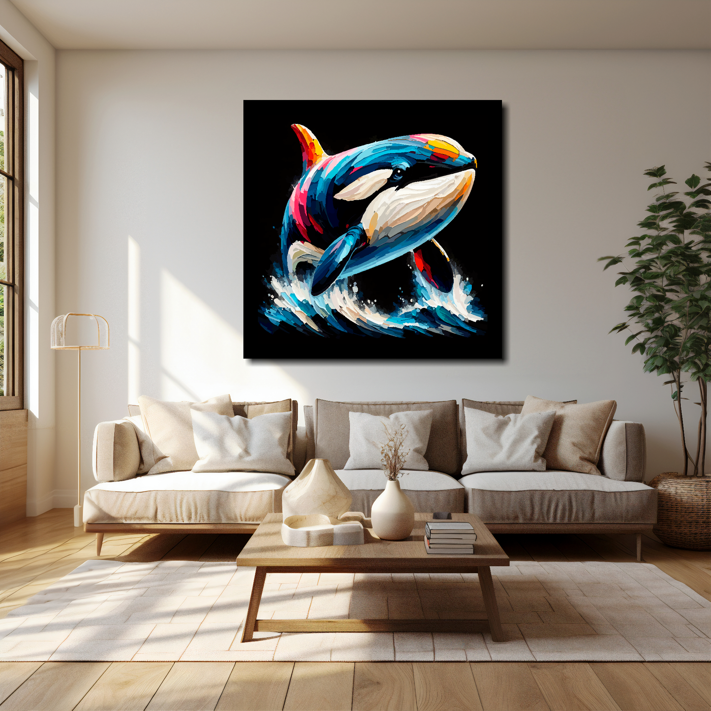 40 inch by 40 inch square canvas featuring a colouful Killer Whale portrait. Mounted on a cream wall above a cream sofa with decorative pillows.