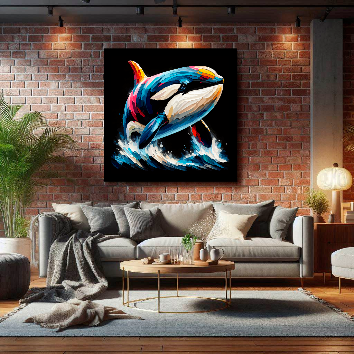 Large canvas wall art - A multi-coloured abstract portrait of a Killer Whale. Available in 3 large sizes.
