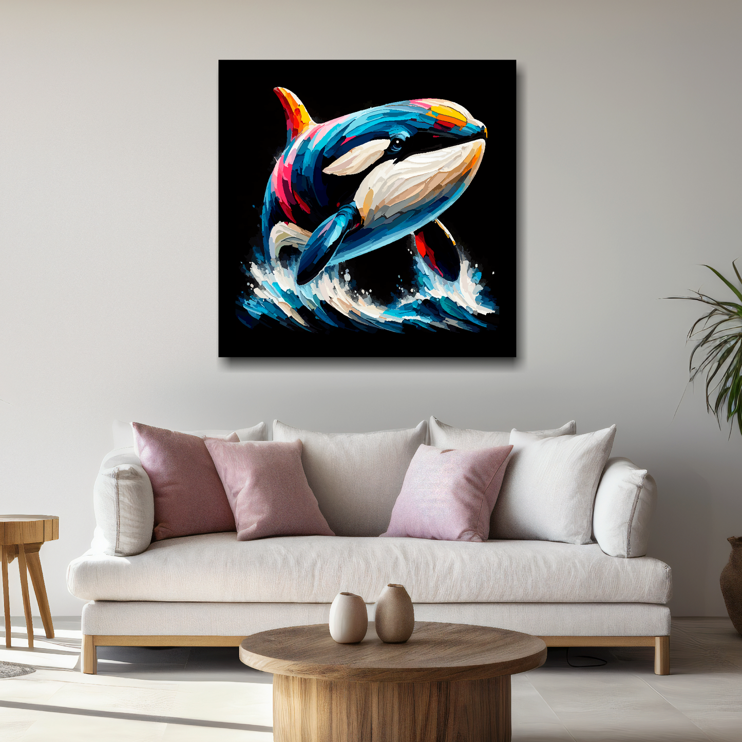 Large canvas wall art - A multi-coloured abstract portrait of a Killer Whale. Available in 3 large sizes.
