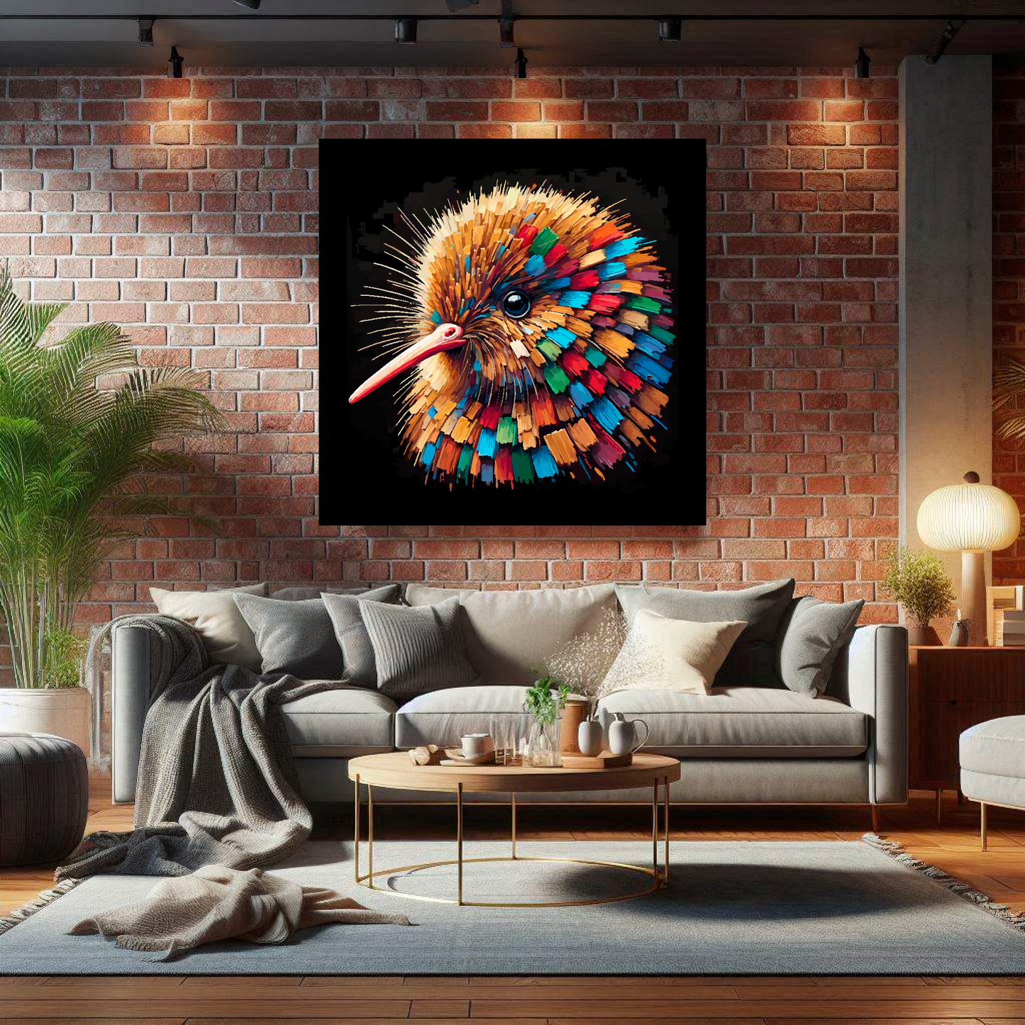 Large canvas wall art - A vibrant multi-coloured head portrait of a Kiwi. Available in 3 large sizes.