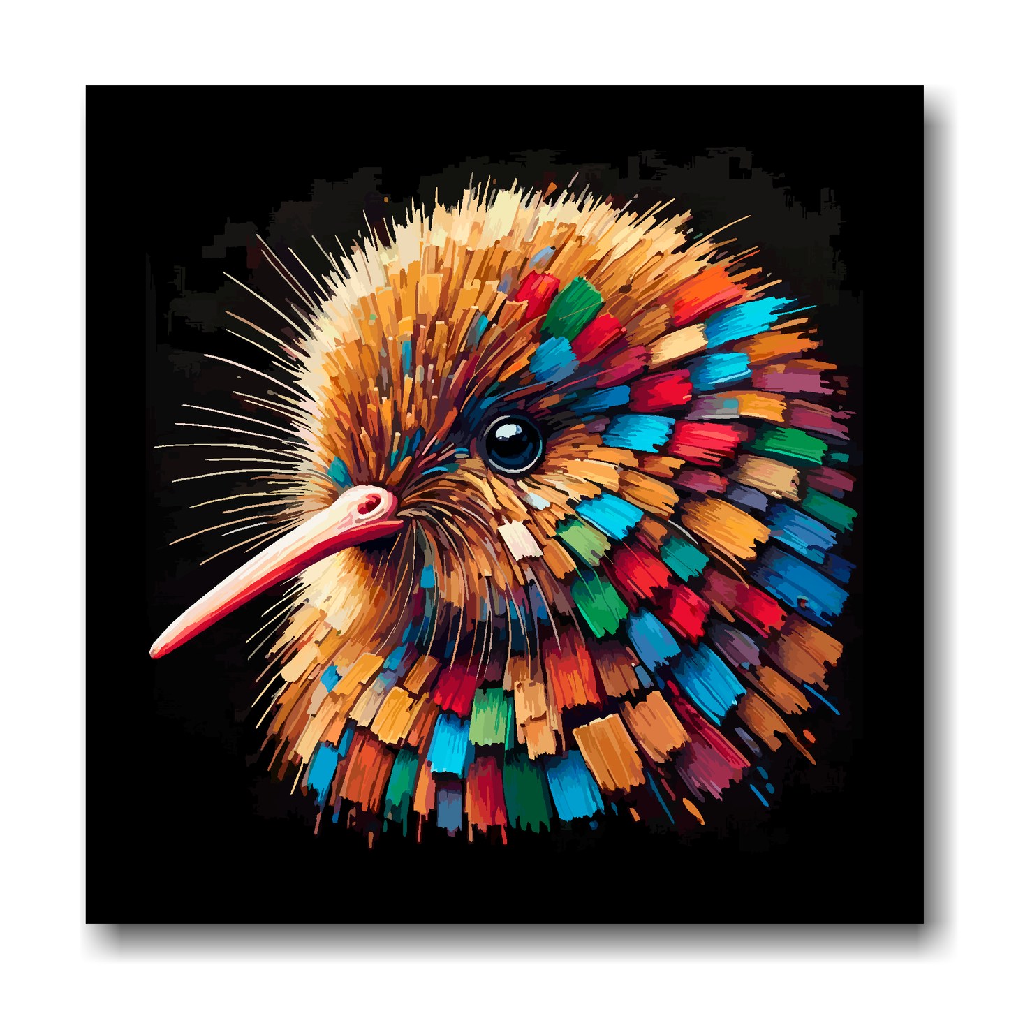Large canvas wall art - A vibrant multi-coloured head portrait of a Kiwi. Available in 3 large sizes.