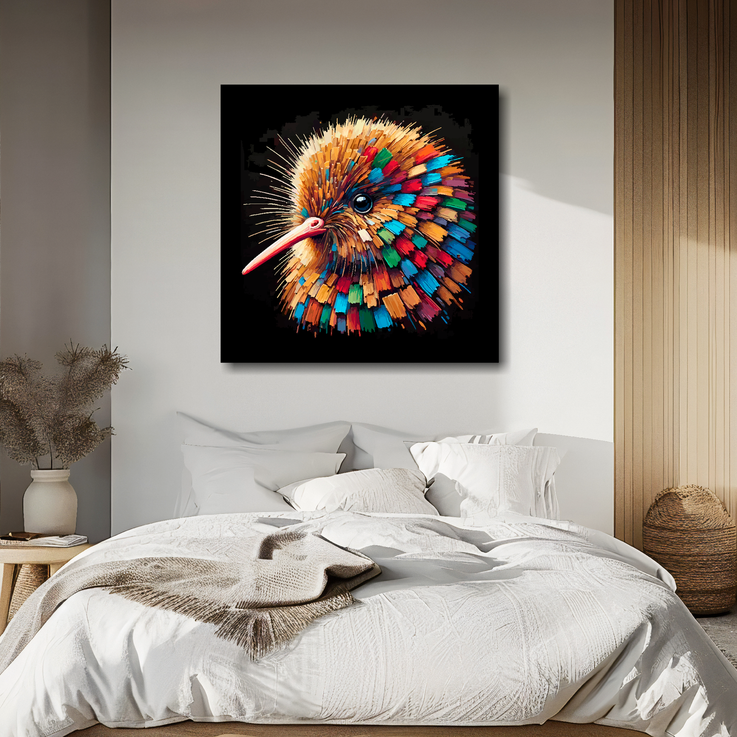 Large canvas wall art - A vibrant multi-coloured head portrait of a Kiwi. Available in 3 large sizes.