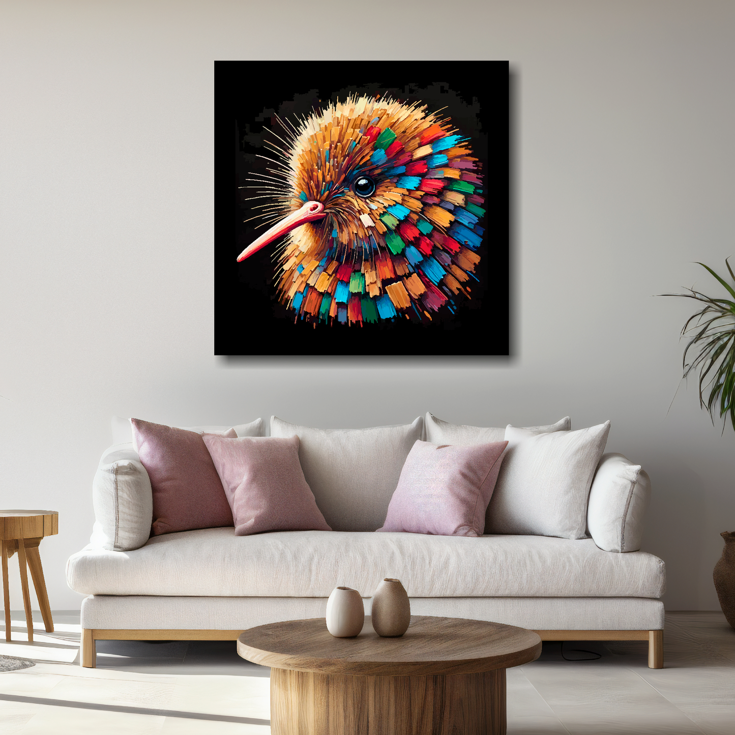Large canvas wall art - A vibrant multi-coloured head portrait of a Kiwi. Available in 3 large sizes.