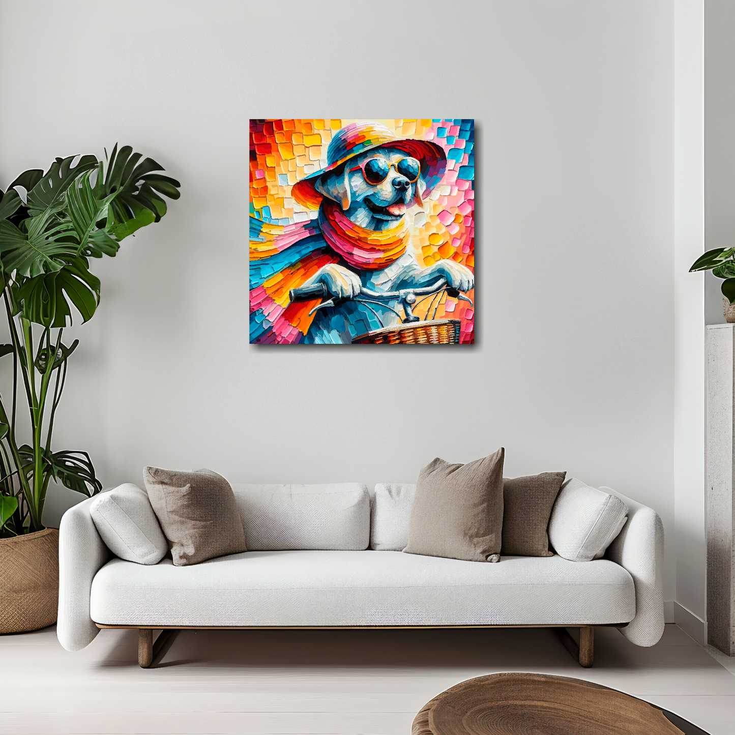 20 inch by 20 inch square canvas featuring a vibrant multi-coloured Labrador riding a bicycle. Mounted on a white wall above a white sofa with decorative pillows.