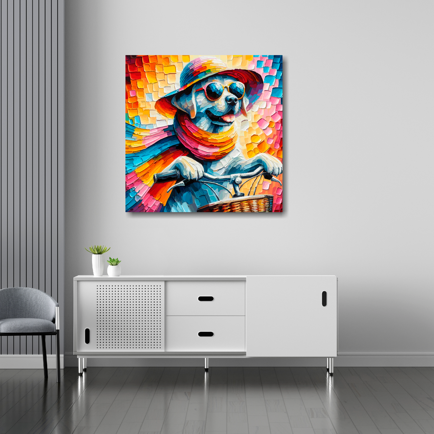 30 inch by 30 inch square canvas featuring a vibrant multi-coloured Labrador riding a bicycle. Mounted on a white wall above a white sideboard.