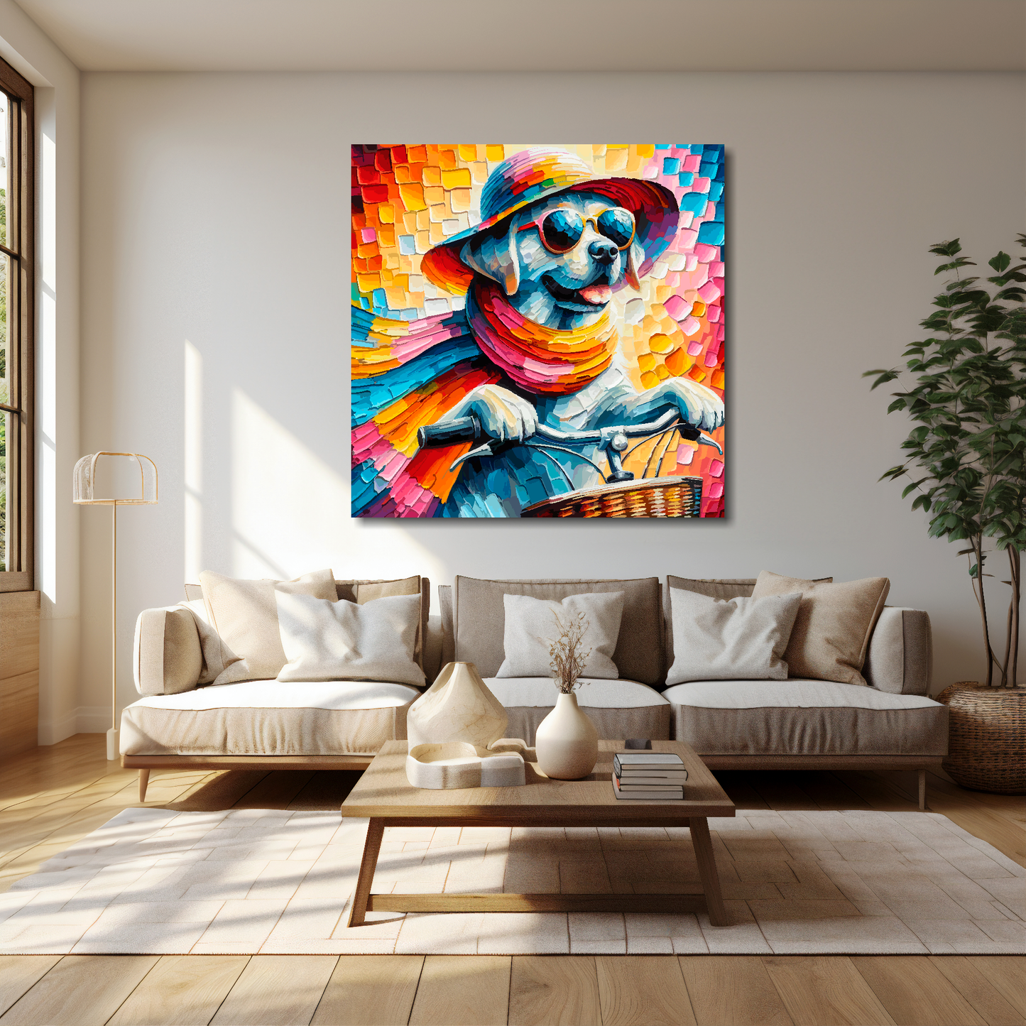 40 inch by 40 inch square canvas featuring a vibrant multi-coloured Labrador riding a bicycle. Mounted on a cream wall above a cream sofa with decorative pillows.