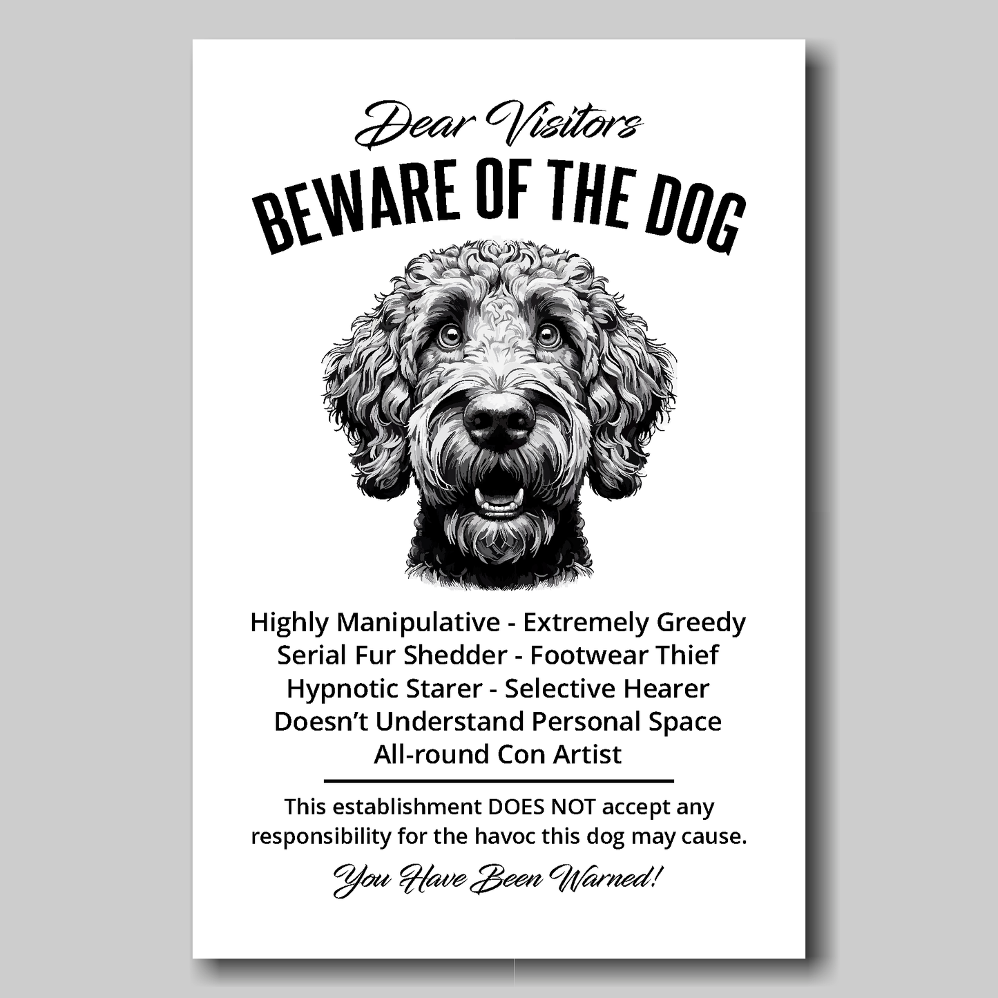 A funny Labradoodle 'Beware of the Dog' disclaimer notice. Black text and dog image on a white background. Available in 4 Canvas sizes. A great gift for dog owners.