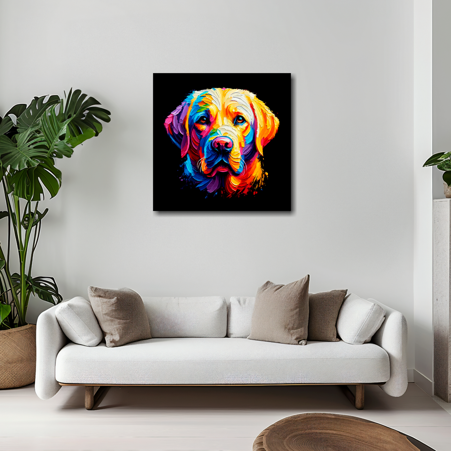 20 inch by 20 inch square canvas featuring a multi-coloured Labrador Retriever dog portrait. Mounted on a white wall above a white sofa with decorative pillows.