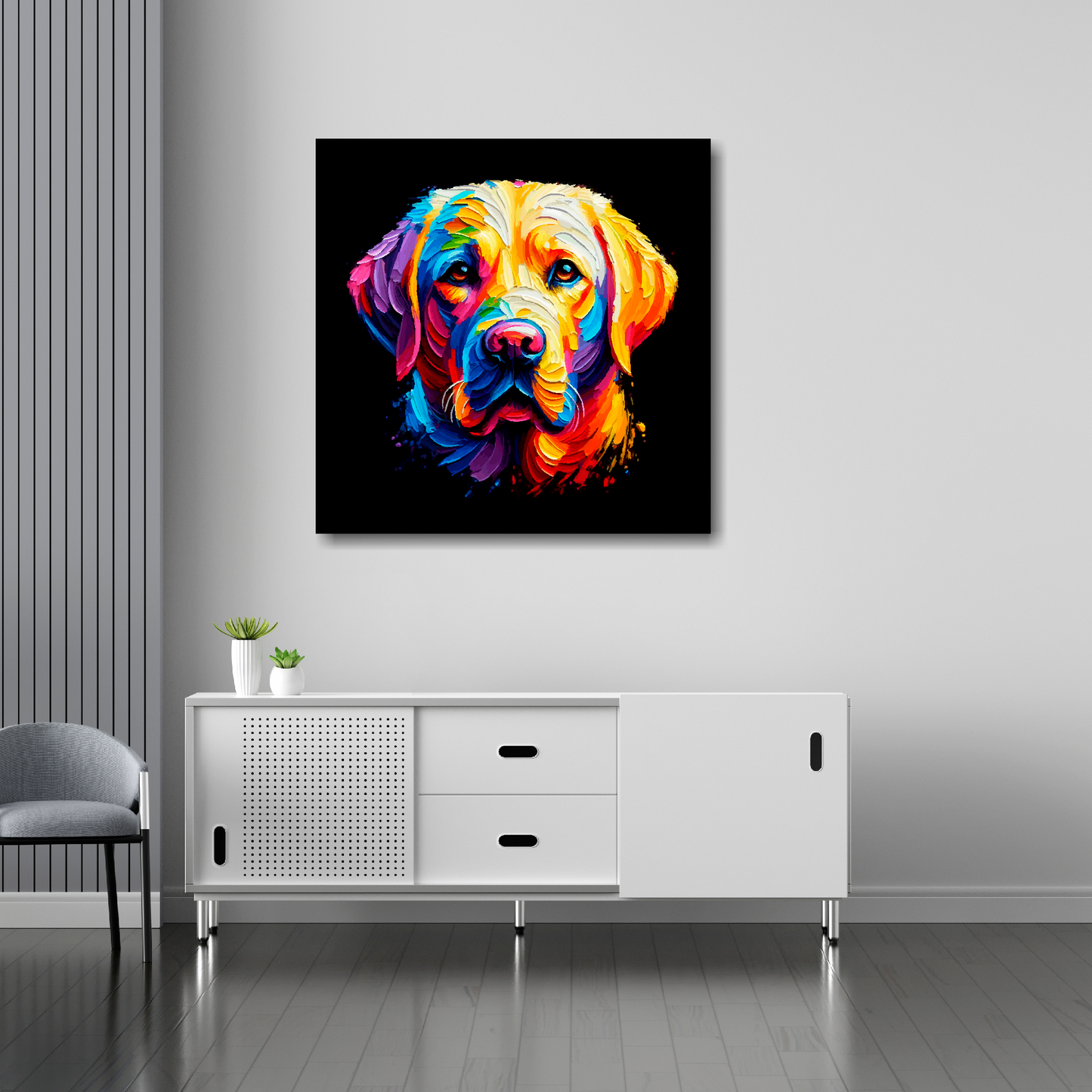 30 inch by 30 inch square canvas featuring a multi-coloured Labrador Retriever dog portrait. Mounted on a white wall above a white sideboard.