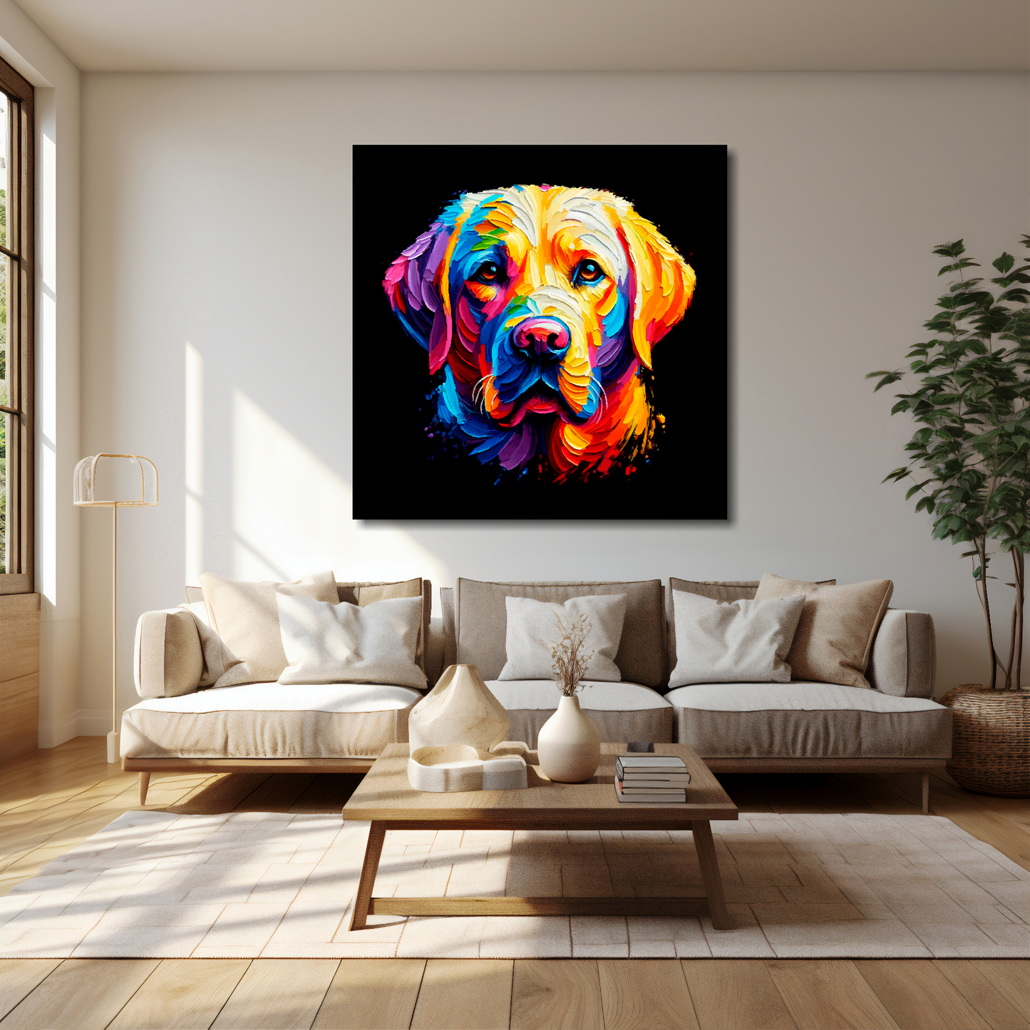 40 inch by 40 inch square canvas featuring a multi-coloured Labrador Retriever dog portrait. Mounted on a cream wall above a cream sofa with decorative pillows.