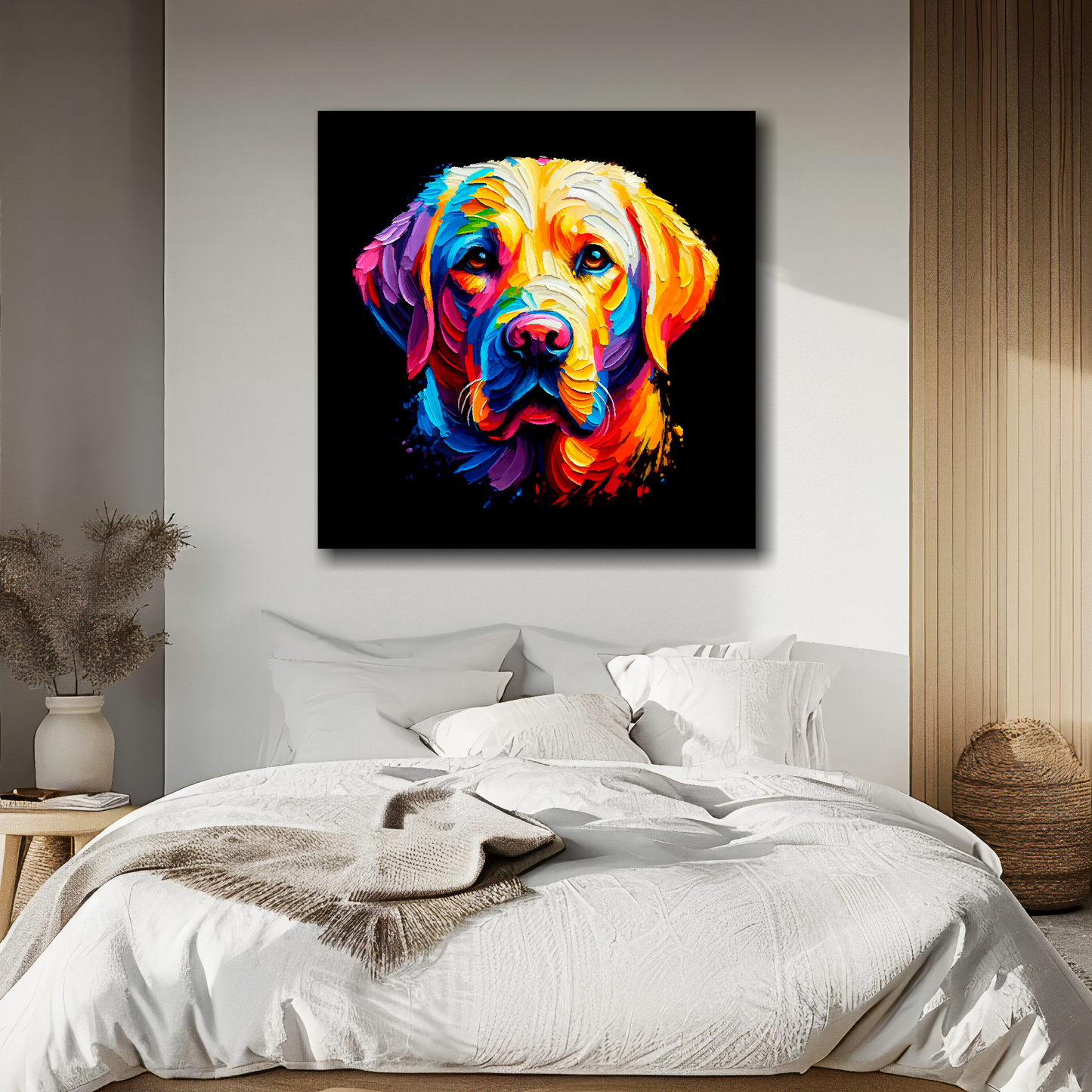 Square canvas featuring a multi-coloured Labrador Retriever dog portrait. Mounted on a white wall above a double bed.