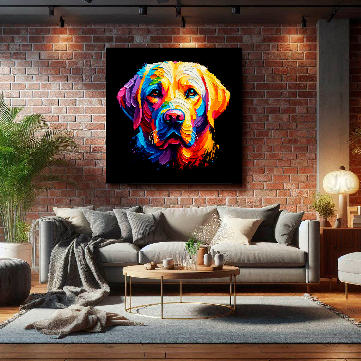 Large square canvas featuring a multi-coloured Labrador Retriever dog portrait. Mounted on a brick wall above a grey sofa with decorative pillows.
