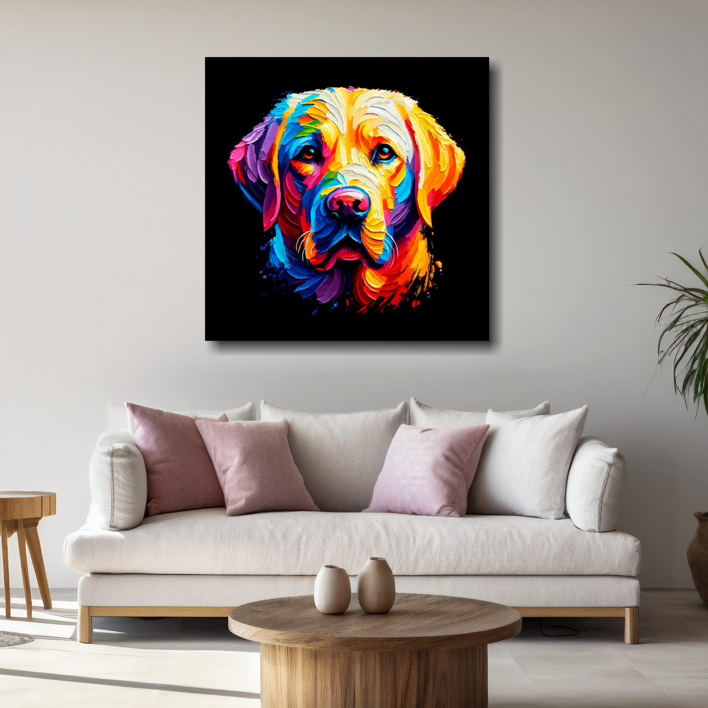 Large square canvas featuring a multi-coloured Labrador Retriever dog portrait. Mounted on a white wall above a white sofa with decorative pillows.