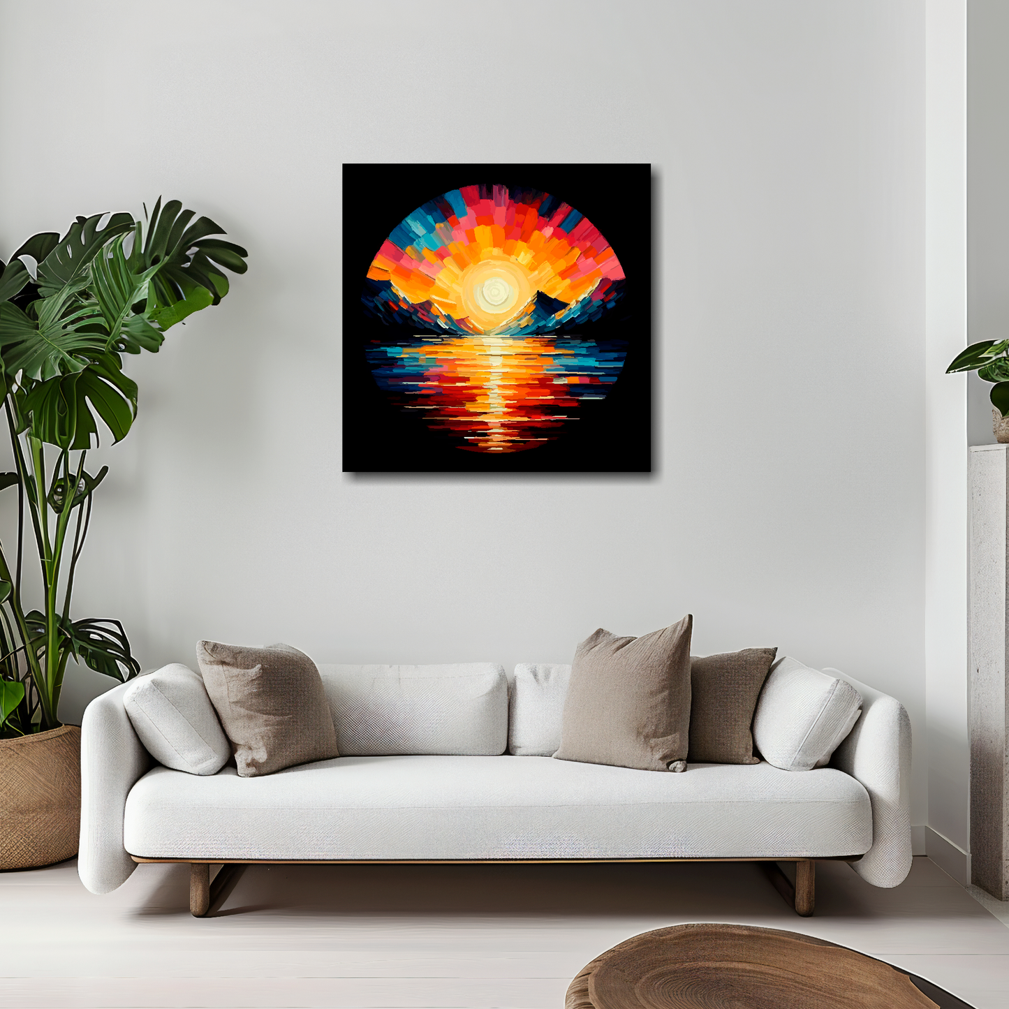 20 inch by 20 inch square canvas featuring a vibrant abstract lake sunset on a black background. Mounted on a white wall above a white sofa with decorative pillows.