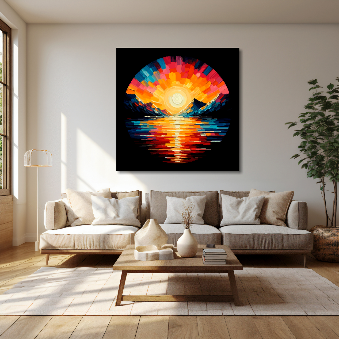 40 inch by 40 inch square canvas featuring a vibrant abstract lake sunset on a black background. Mounted on a cream wall above a cream sofa with decorative pillows.