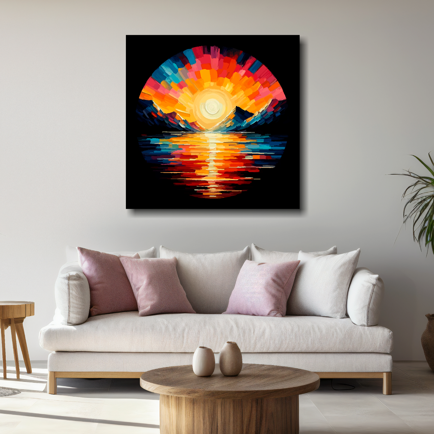 Large canvas wall art - Vibrant Lake Sunset mountain scene, black background, Available in 3 large sizes.