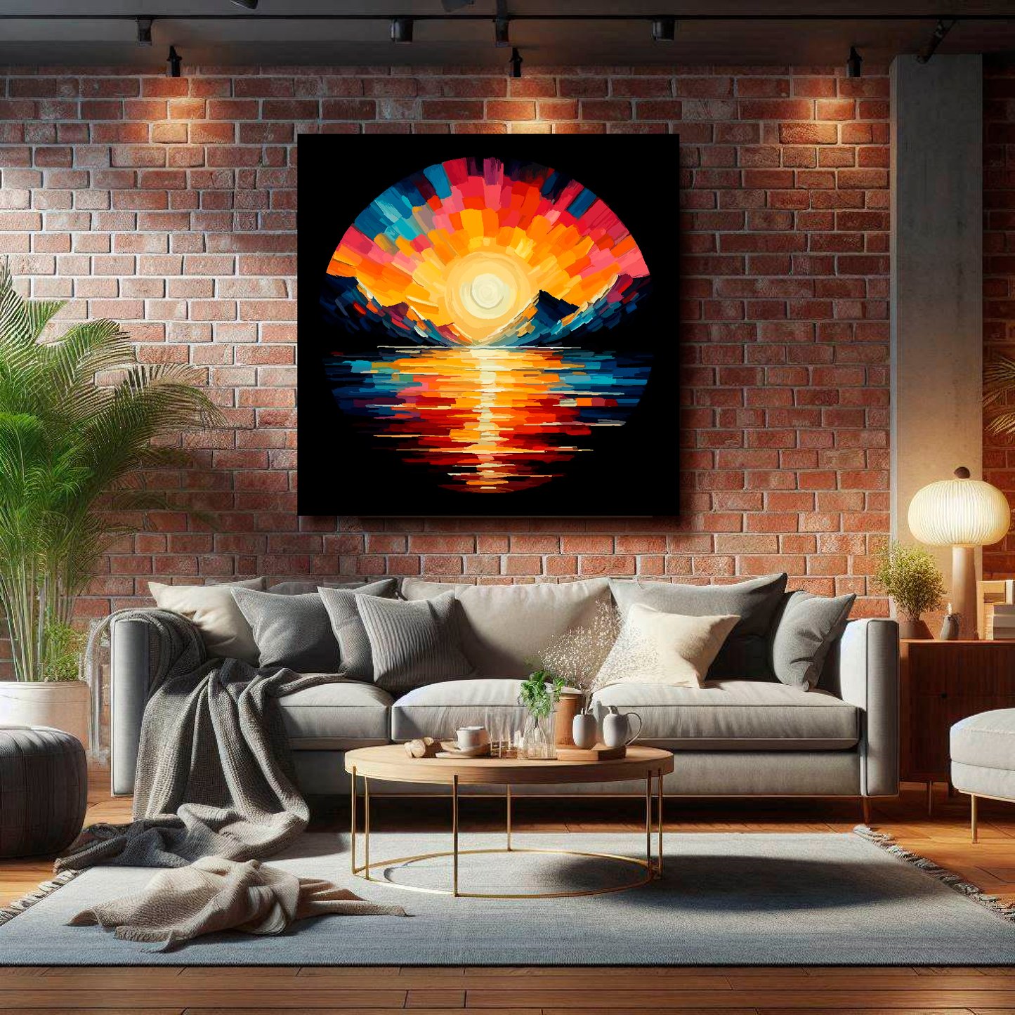 Large canvas wall art - Vibrant Lake Sunset mountain scene, black background, Available in 3 large sizes.