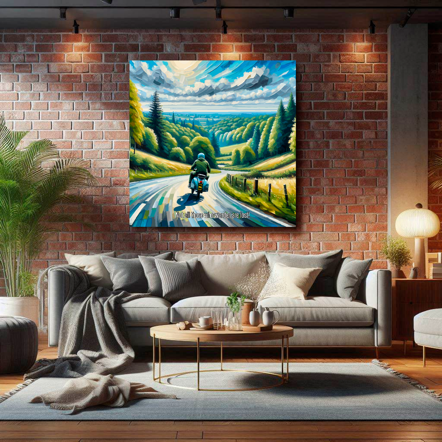 Large canvas wall art - A multi-coloured abstract of a Lambretta Scooter traveling along a scenic road. Available in 3 large sizes.