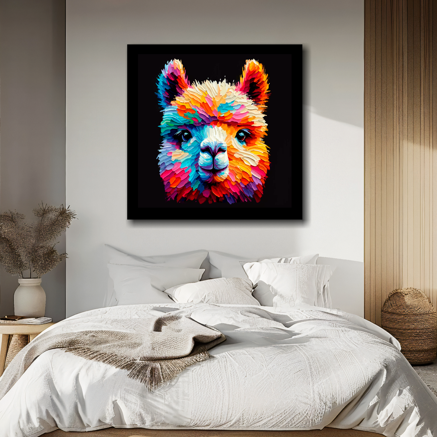 Large canvas wall art - Colourful Alpaca portrait on a black background. Available in 3 large sizes.
