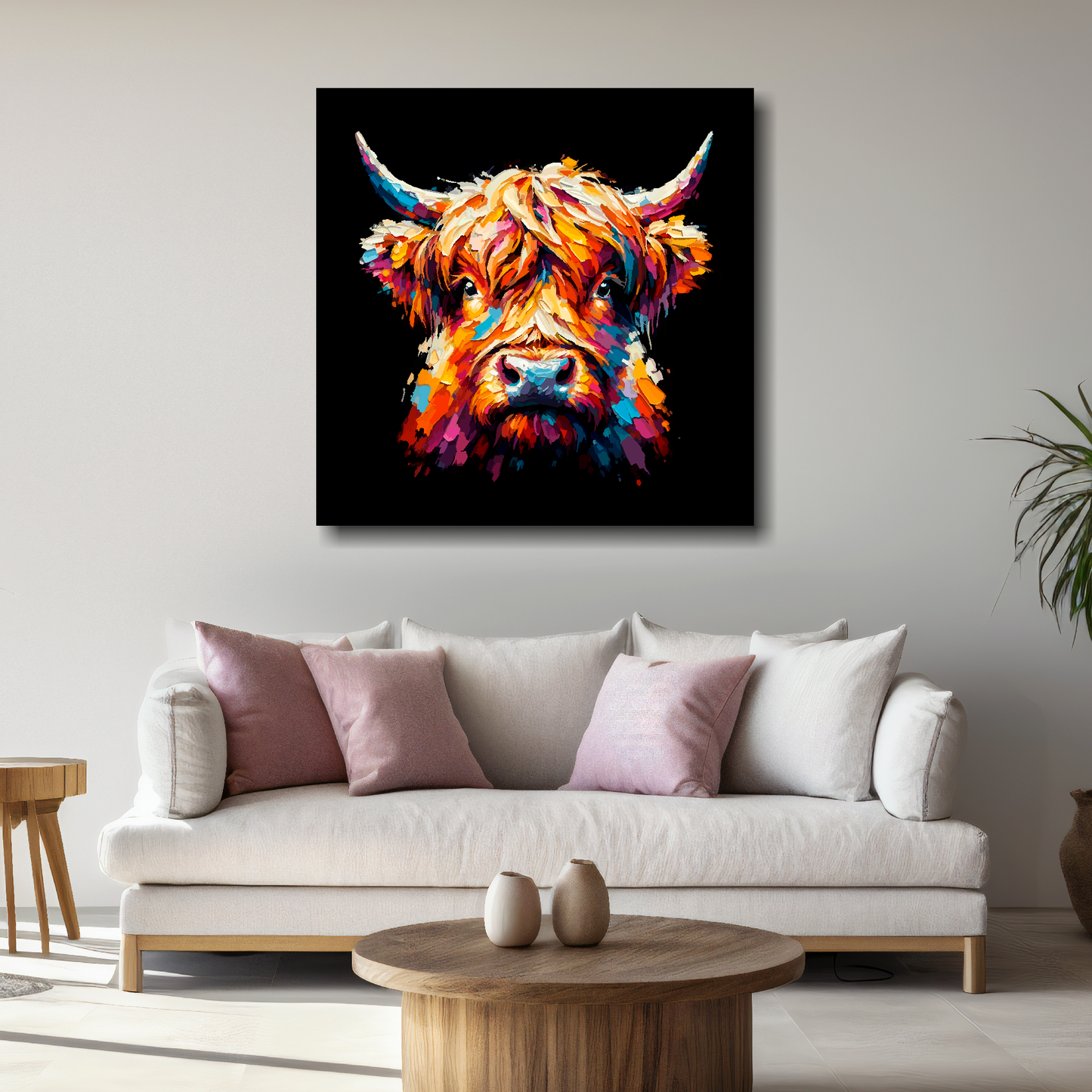 Large canvas wall art - Colourful Highland Cow portrait on a black background. Available in 3 large sizes.