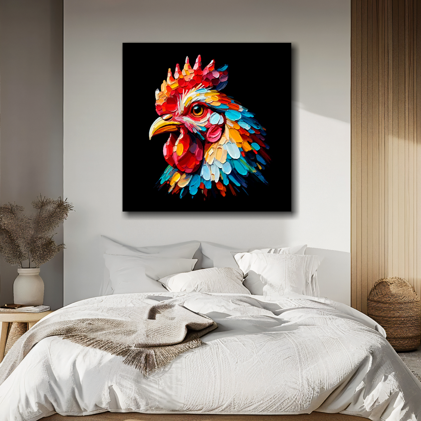 Large canvas wall art - Colourful Chicken portrait on a black background. Available in 3 large sizes.