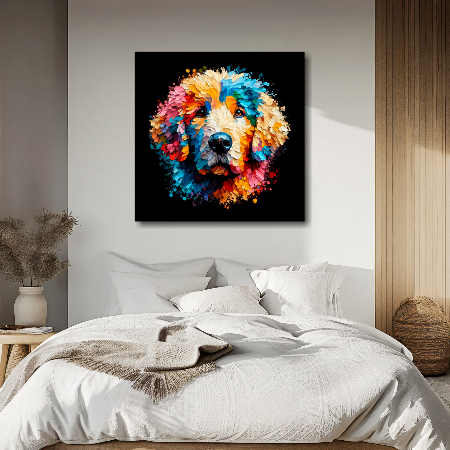 Large canvas wall art - A vibrant multi-coloured head portrait of a Curly Coated Retriever. Available in 3 large sizes.