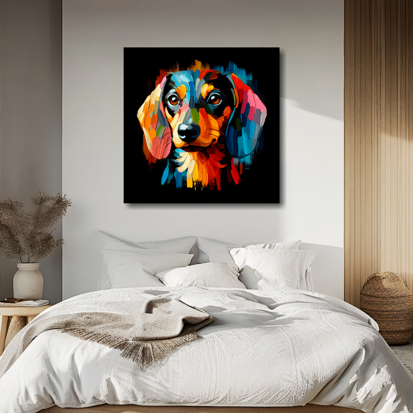 Large canvas wall art - A vibrant multi-coloured head portrait of a Dachshund. Available in 3 large sizes.