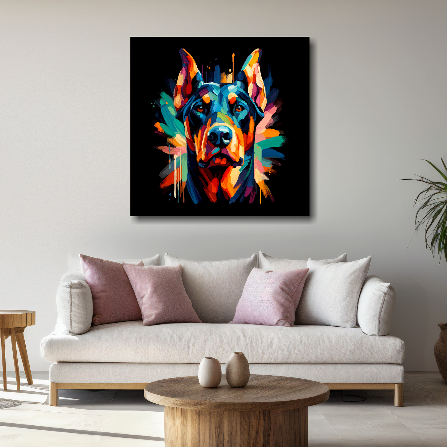 Large canvas wall art - A vibrant multi-coloured head portrait of a Doberman Pinscher. Available in 3 large sizes.