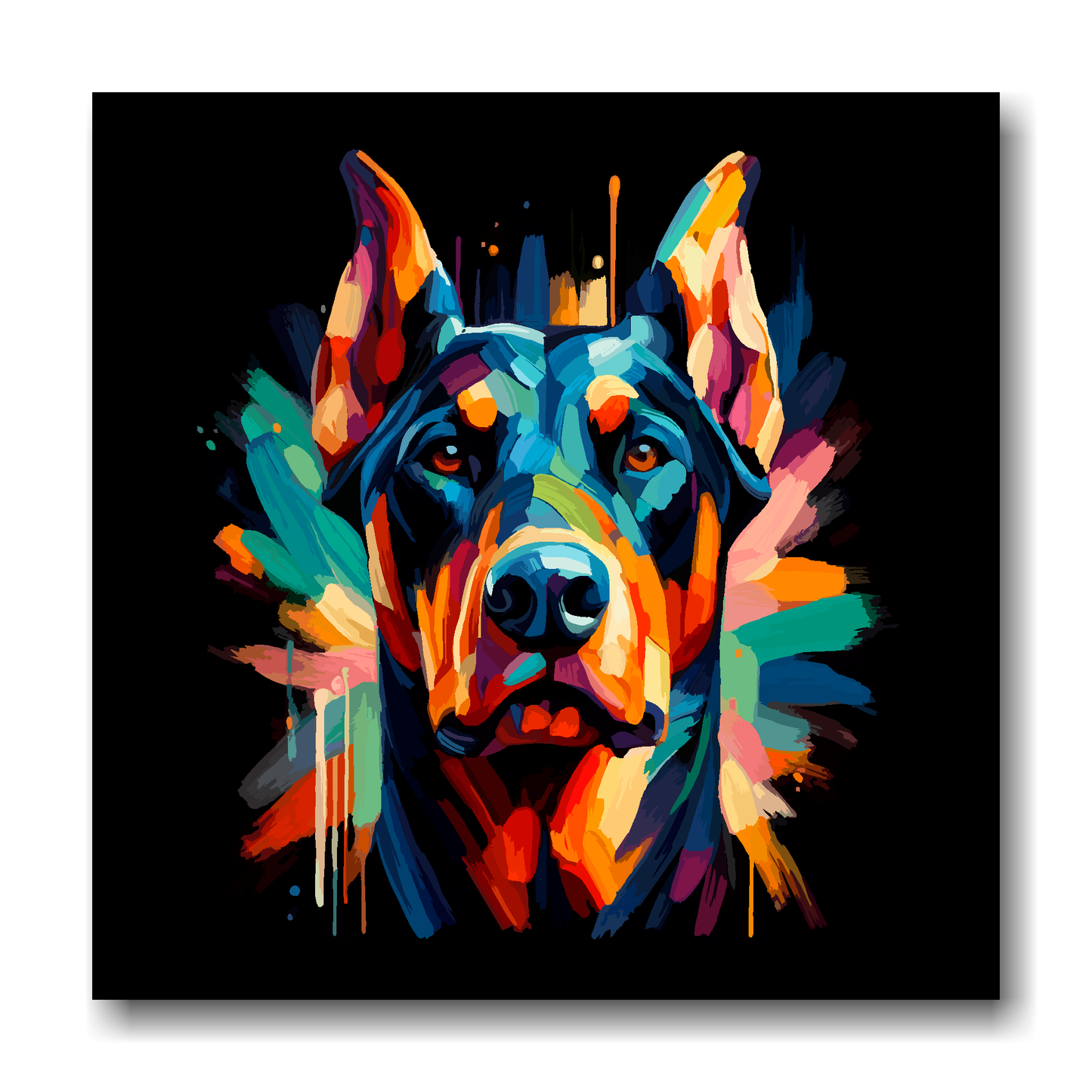 Large canvas wall art - A vibrant multi-coloured head portrait of a Doberman Pinscher. Available in 3 large sizes.
