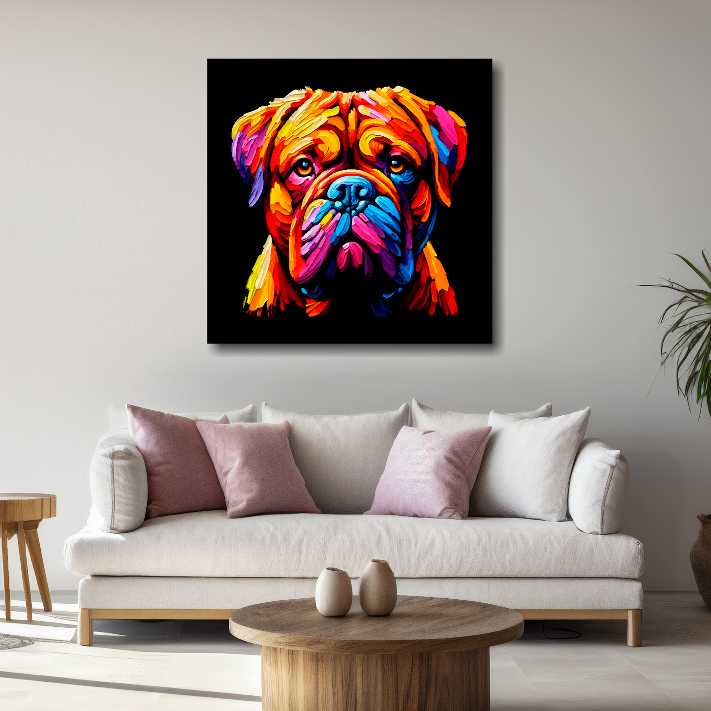 Large canvas wall art - A vibrant multi-coloured head portrait of a Dogue De Bordeaux. Available in 3 large sizes.