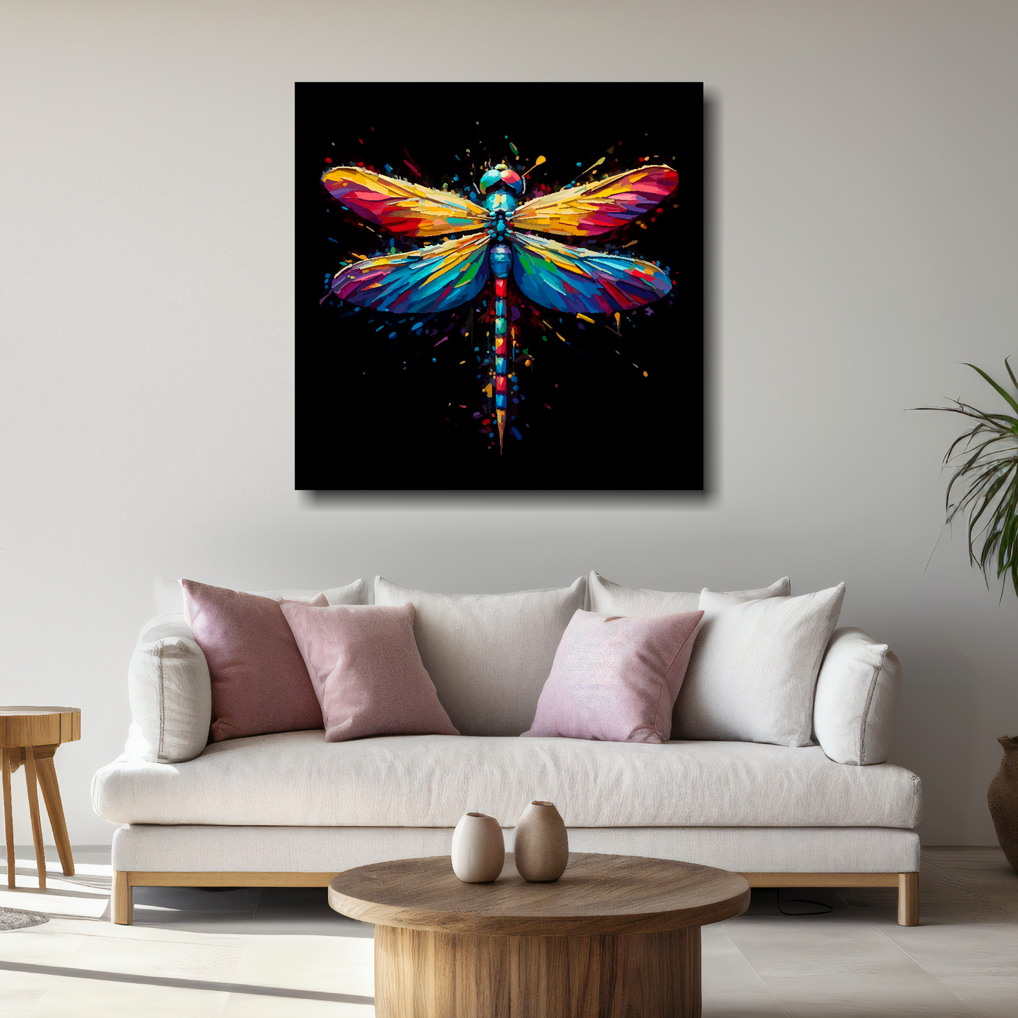 Large canvas wall art - Colourful Dragonfly portrait on a black background. Available in 3 large sizes.
