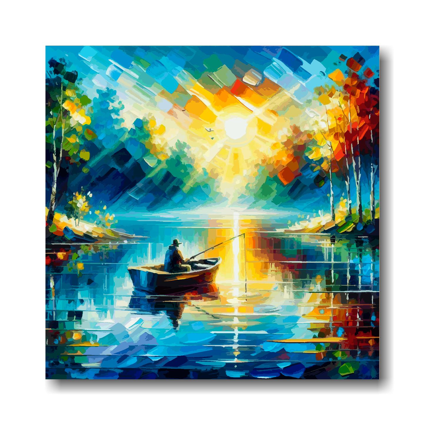 Large canvas wall art - A vibrant abstract of a lone angler fishing in a boat on a tranquil lake. Available in 3 large sizes.