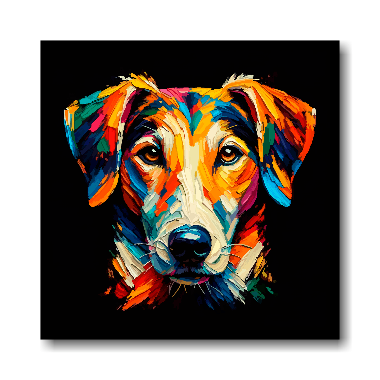 Large canvas wall art - A vibrant multi-coloured head portrait of a English Foxhound. Available in 3 large sizes.