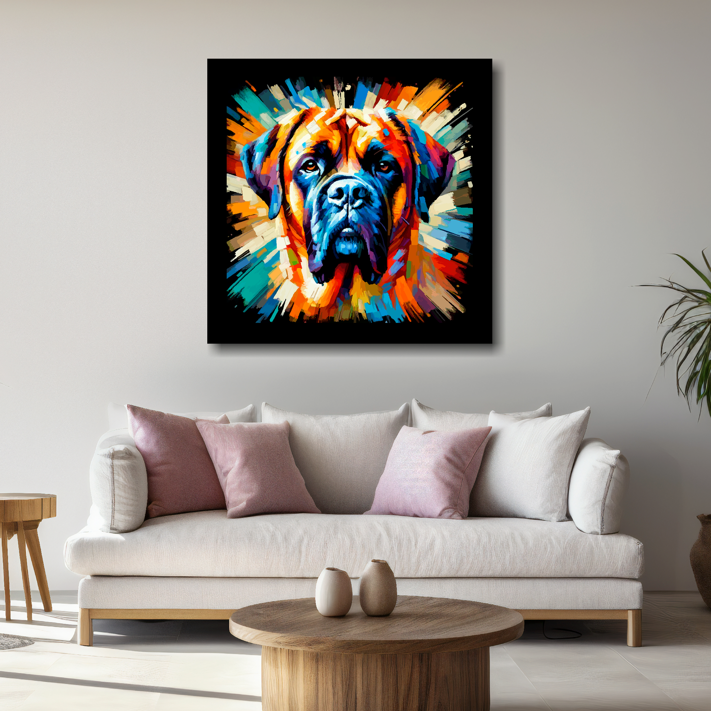 Large canvas wall art - A vibrant multi-coloured head portrait of a English Mastiff. Available in 3 large sizes.
