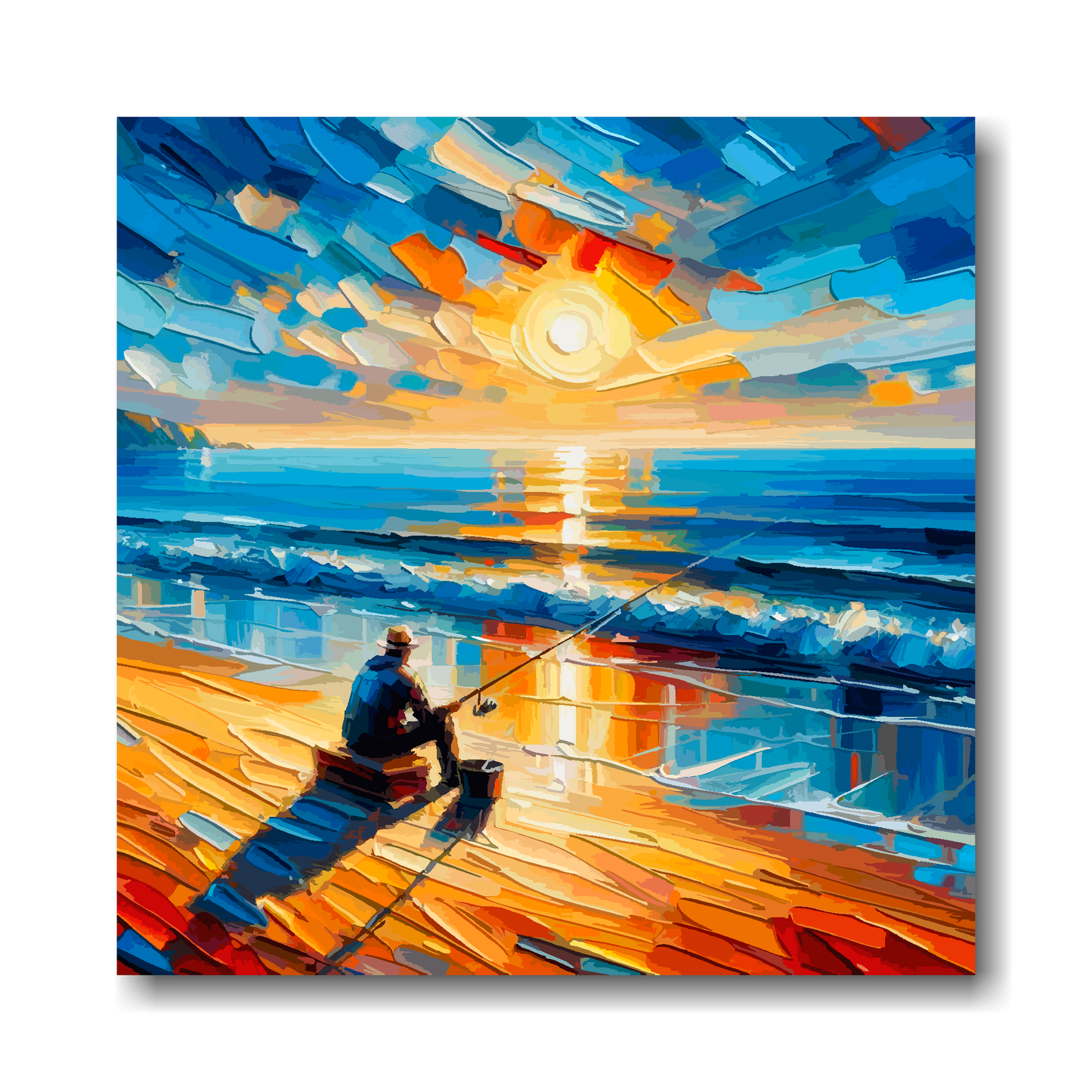 Large canvas wall art - A vibrant abstract of a lone angler fishing on a tranquil sunset beach. Available in 3 large sizes.
