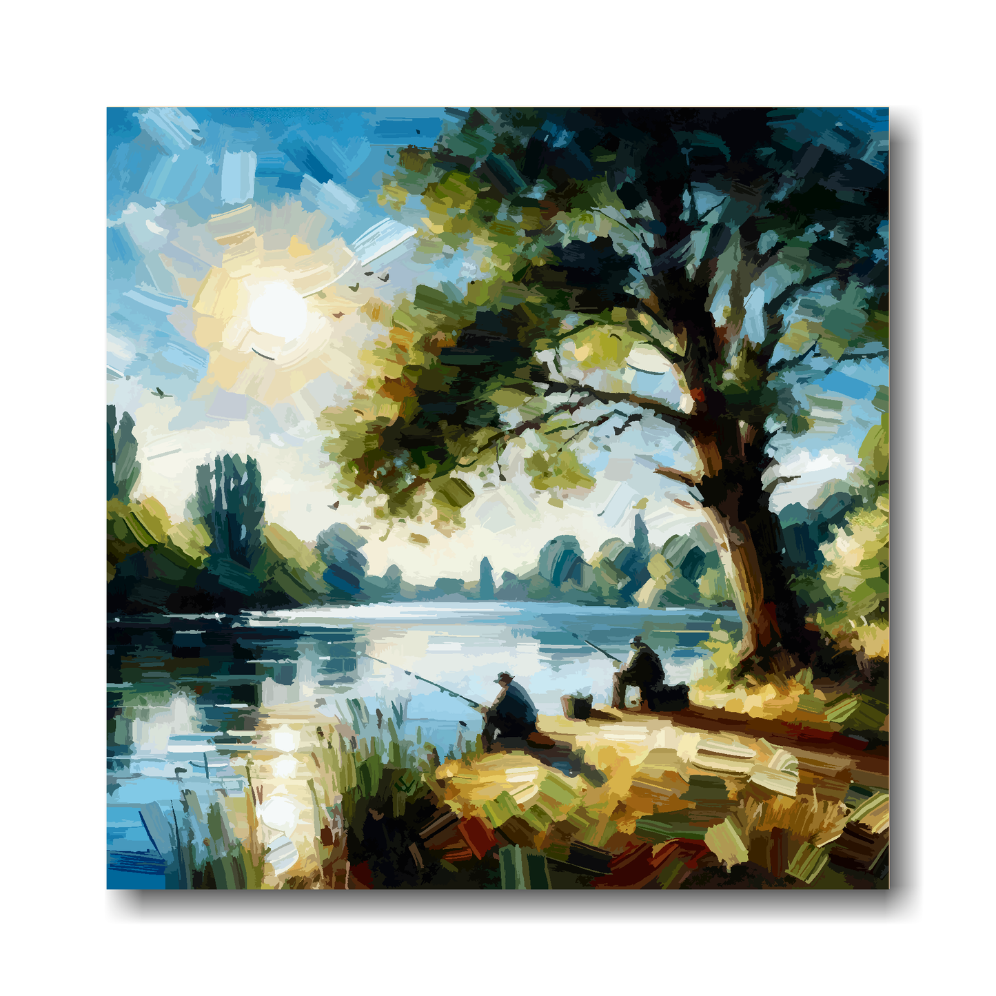 Large canvas wall art - A colourful abstract of 2 anglers fishing by a tranquil lake. Available in 3 large sizes.