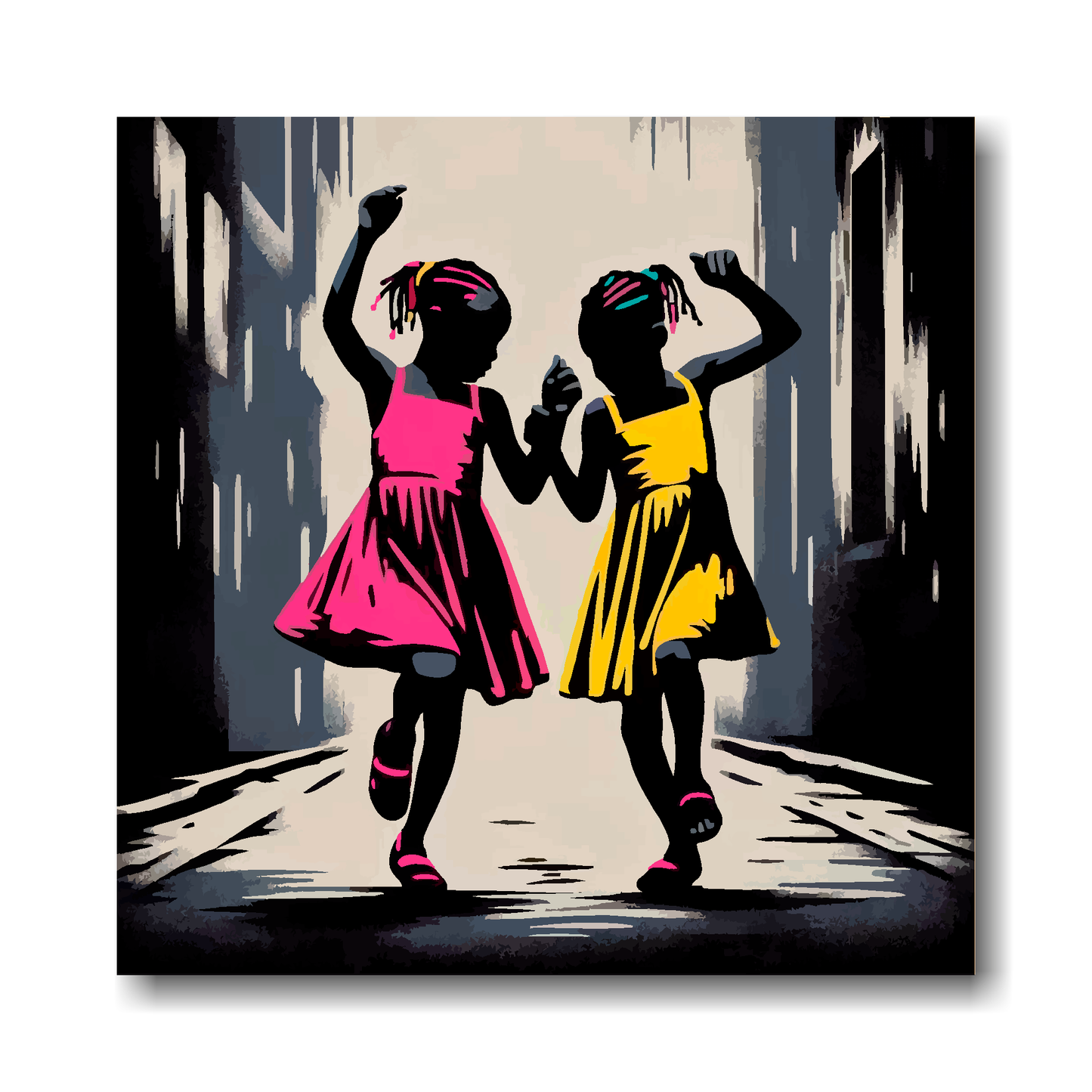 Large canvas wall art - A retro friendship painting of two young African girls dancng in the street. Available in 3 large sizes.