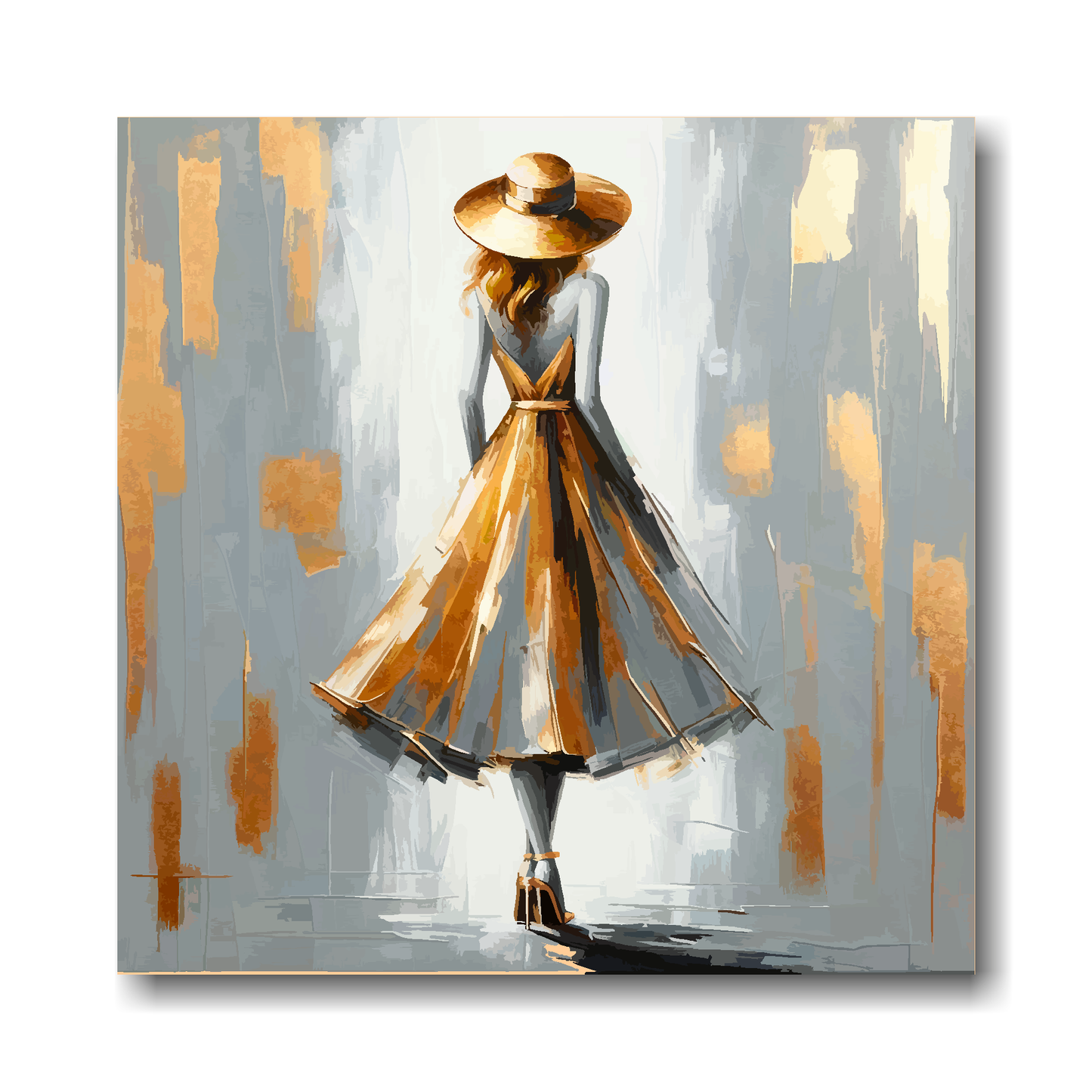 Large canvas wall art - A vibrant fashion dress in greys and golds. Available in 3 large sizes.