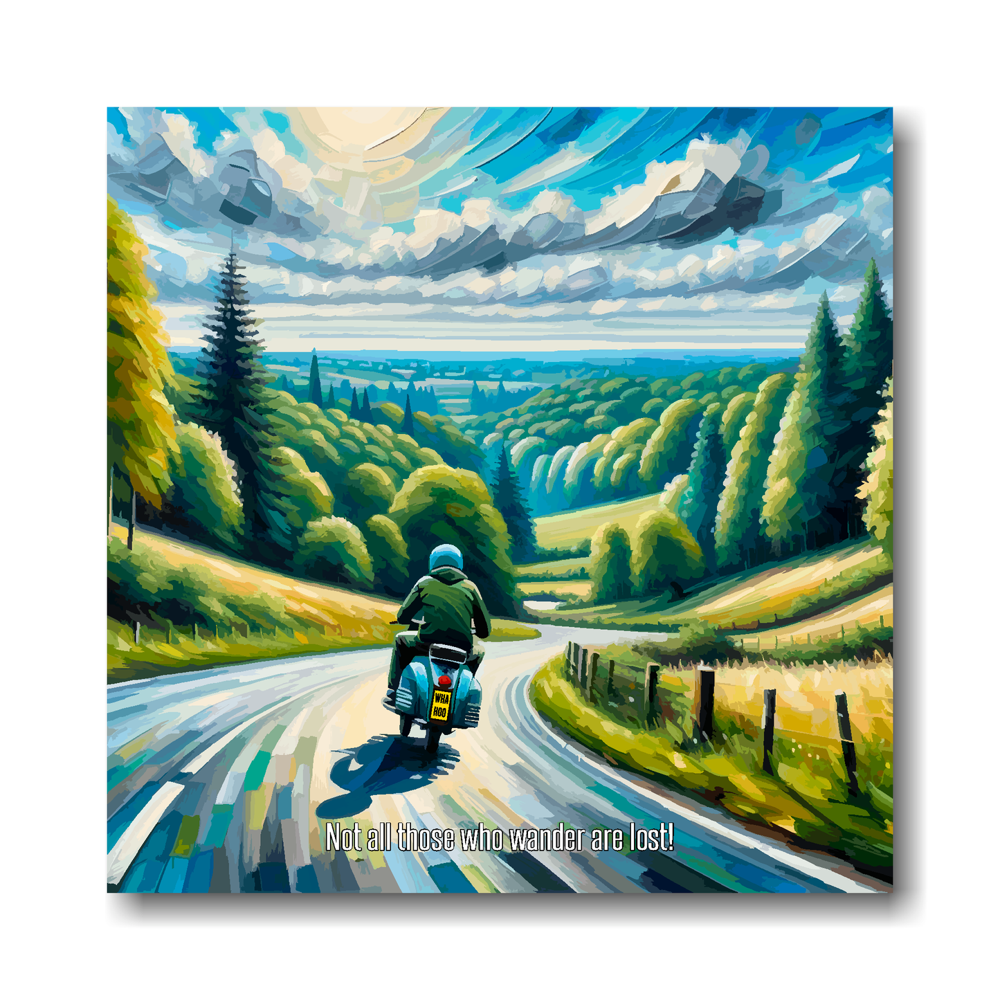 Large canvas wall art - A multi-coloured abstract of a Lambretta Scooter traveling along a scenic road. Available in 3 large sizes.