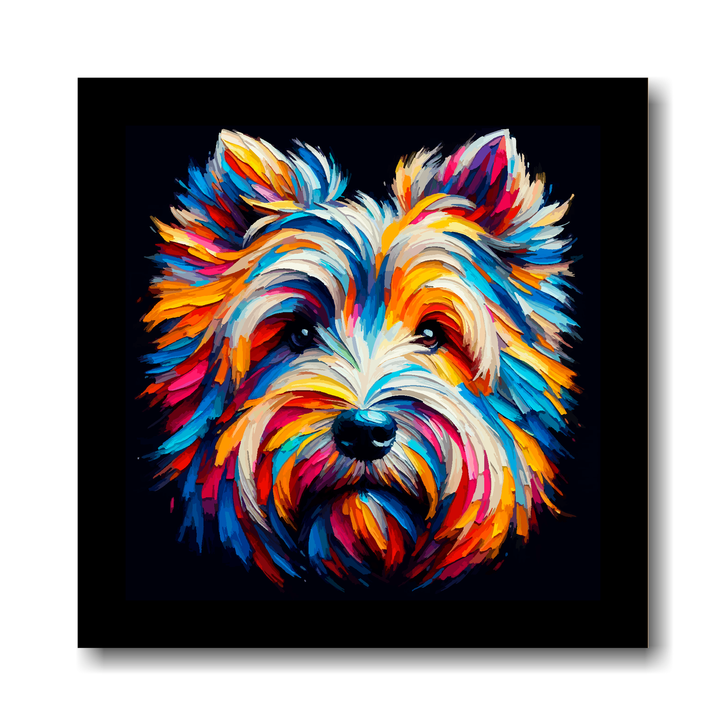Large canvas wall art - A multi-coloured abstract head portrait of a Skye Terrier Dog. Available in 3 large sizes.