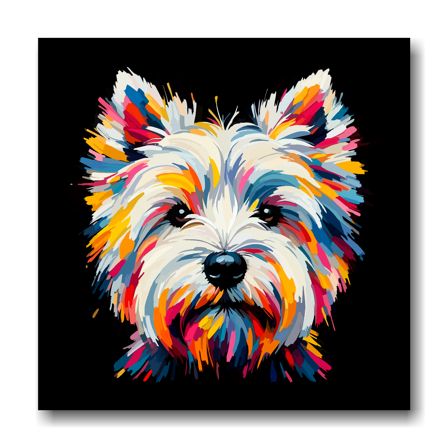 Large canvas wall art - A vibrant multi-coloured head portrait of a West Highland Terrier. Available in 3 large sizes.