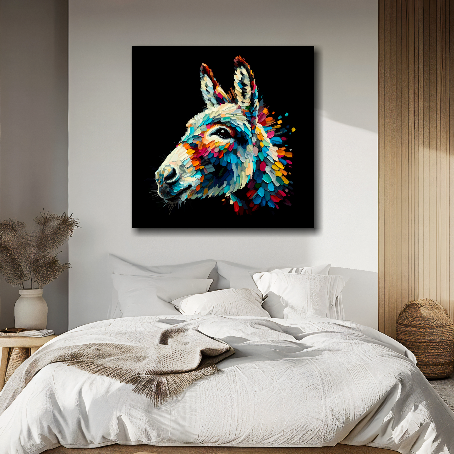 Large canvas wall art - Colourful Donkey portrait on a black background. Available in 3 large sizes.